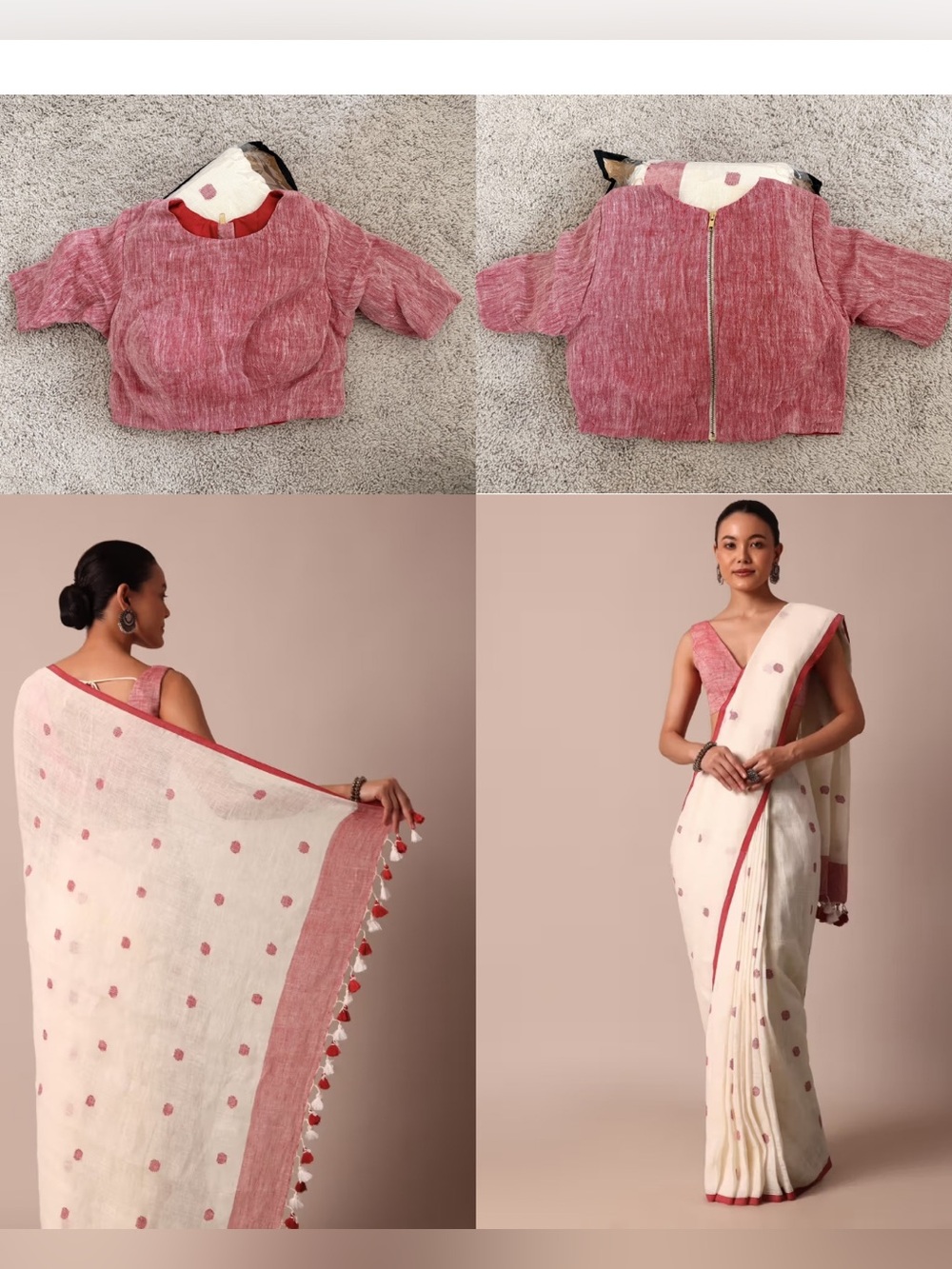 Kalki Fashion Pink White Linen Saree with Pink Zipper Blouse